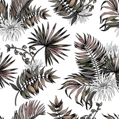 Seamless pattern with tropical leaves and exotic flowers. Hand drawn vector on white background.