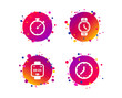 © blankstock - Smart watch icons. Mechanical clock time, Stopwatch timer symbols. Wrist digital watch sign. Gradient circle buttons with icons. Random dots design. Vector