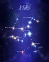 Hercules the strongman constellation on a starry space background with the names of its main stars. Relative sizes and different color shades based on the spectral star type.