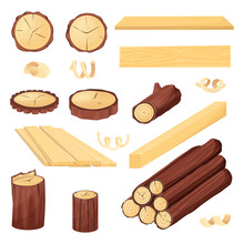 Wood Logs, Trunk And Planks, Vector Sketch Illustration. Hand Drawn Wooden Materials. Firewood Set