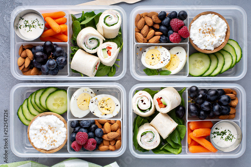 Fotomural Healthy lunch or snack to go with tortilla wraps, eggs, cottage cheese, fruits a