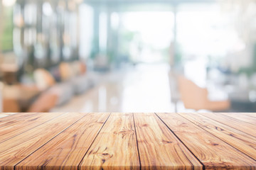 Aufkleber - Wood table top on blurred interior reception hotel or modern hallway for background Ready used us display or montage products design