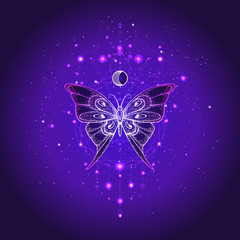 Vector illustration with hand drawn butterfly and Sacred geometric symbol against night starry sky. Abstract mystic sign.