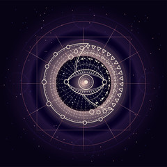 Wall Mural - vector illustration of sacred or mystic symbol on abstract background. geometric sign drawn in lines