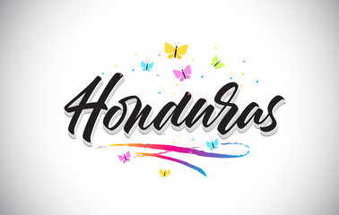 Honduras Handwritten Vector Word Text with Butterflies and Colorful Swoosh.