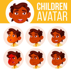 Wall Mural - Indian Boy Avatar Set Kid Vector. Kindergarten. Face Emotions. Cartoon, Comic, Flat. Happiness Enjoyment, Small. Leaflet, Booklet. Cartoon Head Illustration