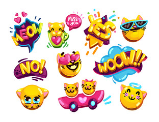 Wall Mural - funny emoji set cats and inscriptions wow, yes, no, meow, miss you