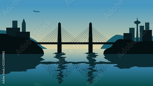 Obrazy most 3d   most-kablowy-nad-ciesnina-przed-zachodem-slonca-lecacy-samolot-nad-miastem-w-tle