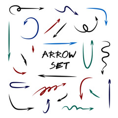  Set of vector handwriting arrows. Collection of color direction pencil sketch symbols. Doodle drawing arrow isolated on white background. Graphic design elements.