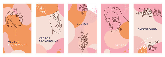 Fototapete - Vector set of abstract creative backgrounds in minimal trendy style with women face portrait in one line with copy space for text - design templates for social media stories and bloggers - simple, sty