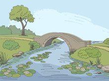 Bridge River Graphic Color Landscape Sketch Illustration Vector