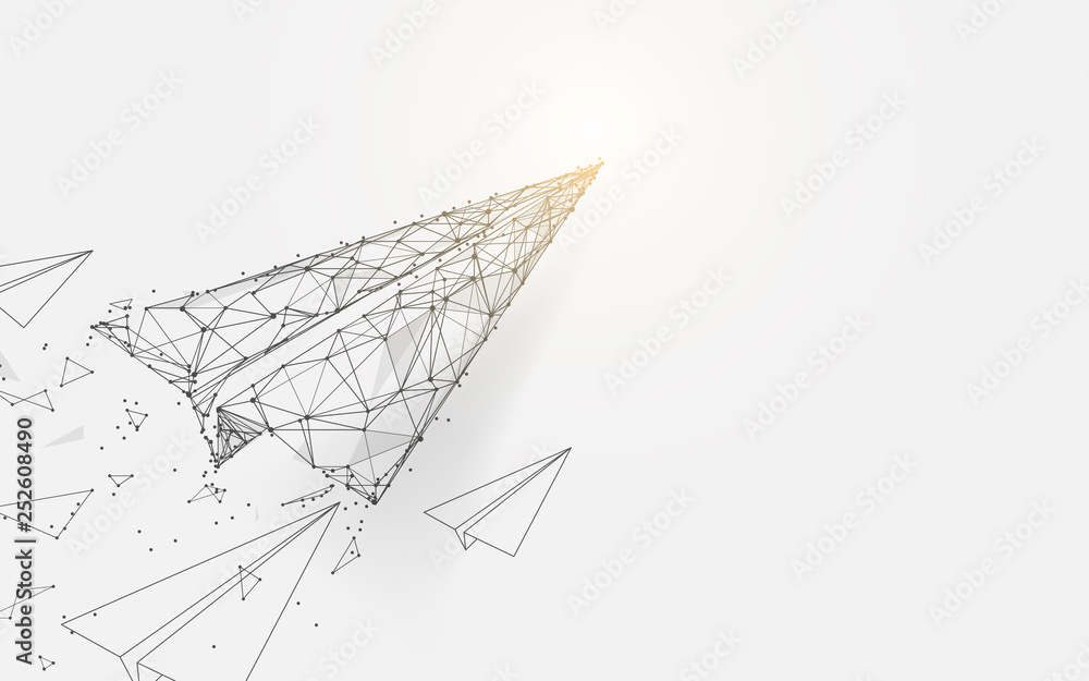 Paper airplanes flying from lines, triangles and particle style design. Illustration vector - obrazy, fototapety, plakaty 