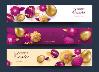 Easter card with gold ornate golden eggs on a light background. Vector .Place for your text. Golden eggs with small floral and geometric patterns