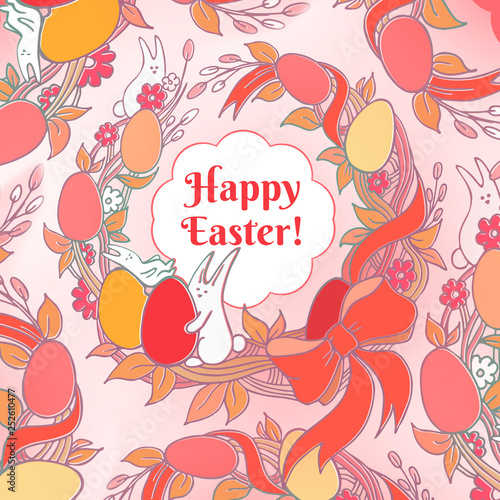 Easter Print Floral Doodle Background With Pink Red Colored