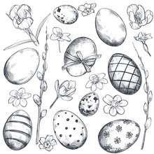 Vector Collection Of Hand Drawn Ornate Easter Eggs And Spring Flowers