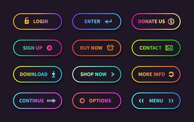 Gradient action buttons. Flat web submit form, modern transition sign, game navigation ui design element. Vector gradient button set