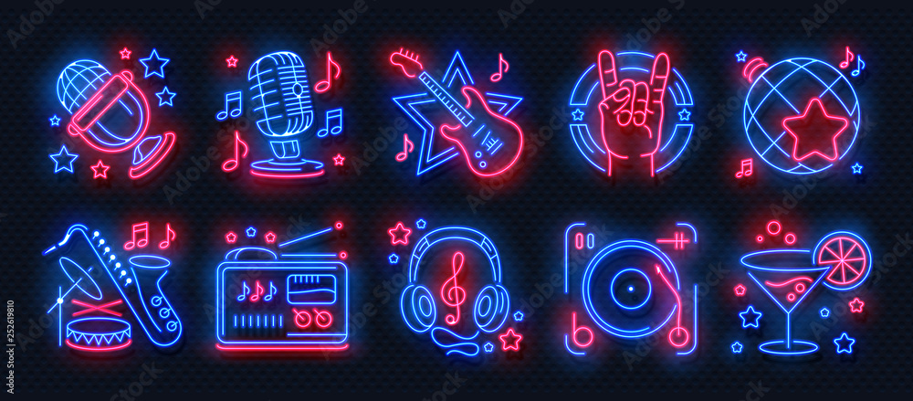 Neon party icons. Dance music karaoke light signs, glowing concert banner, rock bar disco poster. Vector retro night club set - obrazy, fototapety, plakaty 