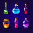 Set of realistic magical bottles with poison. Vector potion bottles set with transparent glass for game interface in fantasy style. Magical liquid potions vector illustration