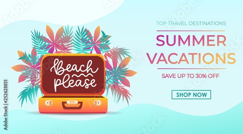 Summer Vacations Banner Design In Trendy Style For Travel Agency