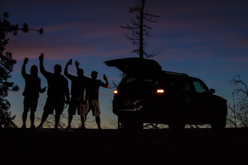 Wall Mural - Silhouette of friends spending time outdoors enjoying nature, watching the sun set. Group photo