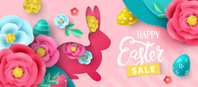Easter Holiday Sale Banner Design With Paper Cut Flowers , Bunny And Easter Eggs Background.