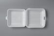 Open white styrofoam lunch box for takeaway food on grey background for print design and mock up