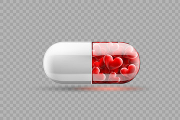 Wall Mural - Medical pill with red hearts inside. Isolated on a transparent background.