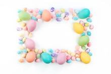 Happy Easter Card. Frame With Assorted Sizes Pastel Easter Eggs With Copy Space For Text. Isolated Flat Lay On White Background
