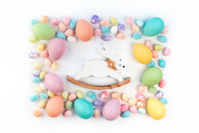 Happy Easter Card. Frame With Assorted Sizes Pastel Easter Eggs With Vintage Bunny. Isolated Flat Lay On White Background