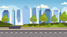 Asphalt Highway Road Over City Panorama High Skyscrapers Cityscape Background Skyline Flat Horizontal Banner