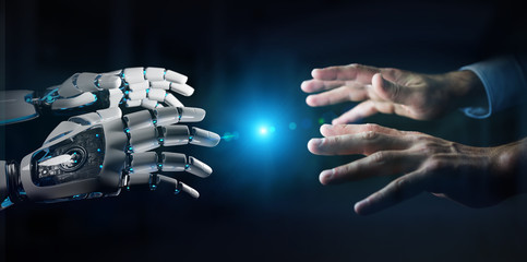 Fototapete - Robot hand making contact with human hand on dark background 3D rendering