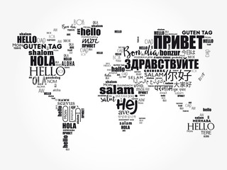 Canvas Print - Hello in different languages word cloud World Map, business concept background