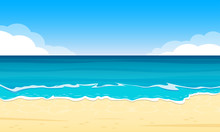 Sandy Beach. Summer Background With Sand Shoe, Sea Or Ocean And Sky With Clouds. Tropical Landscape For Travel And Vacation Banner. Vector Illustration.  