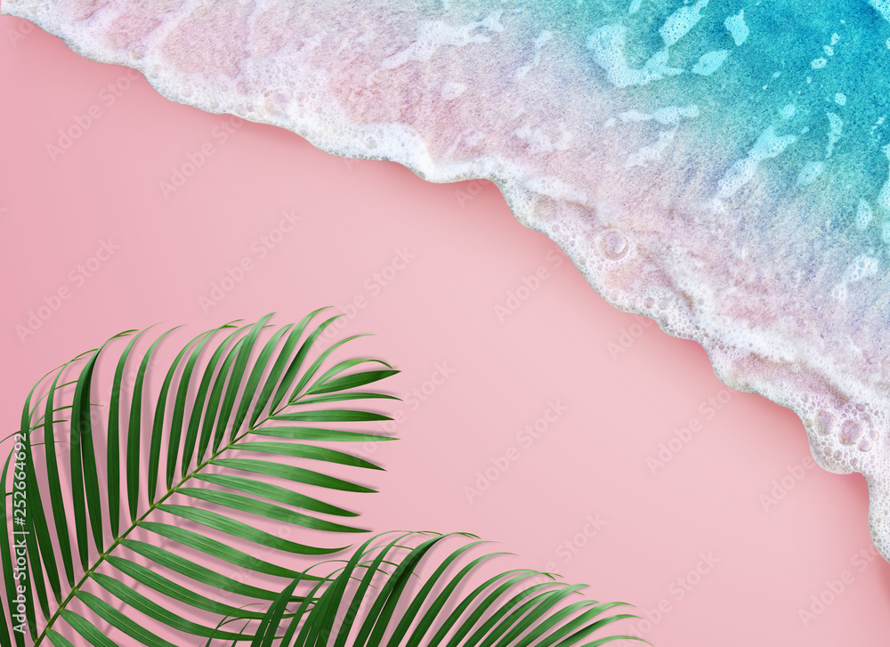 tropical palm leaf and soft blue wave on pink background - obrazy, fototapety, plakaty 