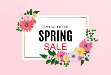  Spring Sale Cute Background with Colorful Flower Elements. Vector Illustration