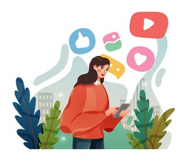 Social Media Concept. Business Woman Chatting in Social Networks Using Smartphone. Vector illustration