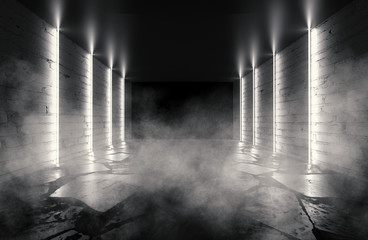 Canvas Print - Background of an empty room with brick walls and neon lights, laser lines and multi-colored smoke