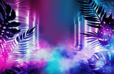 Poster - Background of an empty room with brick walls and neon lights. Silhouettes of tropical leaves, colorful smoke
