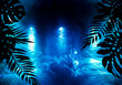 © Laura Сrazy - Background of an empty room with brick walls and neon lights. Silhouettes of tropical leaves, colorful smoke