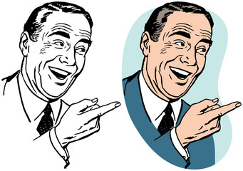 A laughing businessman pointing to the right. 