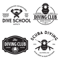 Wall Mural - Set of Scuba diving club and diving school design. Concept for shirt or logo, print, stamp or tee. Vintage typography design with diving gear silhouette