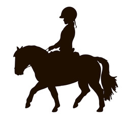 Silhouette of a young rider trotting on a small pony.