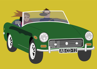 Happy man and woman driving in a green open vintage car. Yellow background.