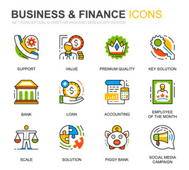 Leinwandbilder - Simple Set Business and Finance Line Icons for Website and Mobile Apps. Contains such Icons as Analysis, Money, Accounting, Strategy, Bank. Conceptual color line icon. Vector pictogram pack.
