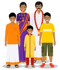 Wall Mural - Family and social concept. Indian person generations at different ages. Set of adult people in traditional national clothes: father, mother, grandmother, grandfather, boy standing together. Vector.