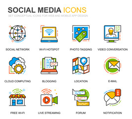 Leinwandbilder - Simple Set Social Media and Network Line Icons for Website and Mobile Apps. Contains such Icons as Avatar, Emoji, Chating, Likes. Conceptual color line icon. Vector pictogram pack.