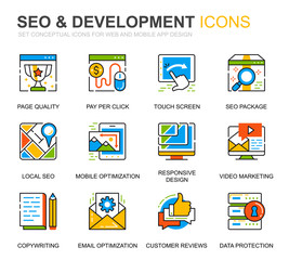 Poster - Simple Set Seo and Development Line Icons for Website and Mobile Apps. Contains such Icons as Clean Code, Data Protection, Monitoring. Conceptual color line icon. Vector pictogram pack.