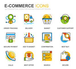Poster - Simple Set E-Commerce and Shopping Line Icons for Website and Mobile Apps. Contains such Icons as Delivery, Payment, Basket, Customer, Shop. Conceptual color line icon. Vector pictogram pack.