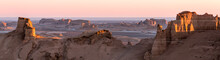 Panoramic View Of Sandy Mountains In Kaluts Desert, Part Of Dasht-e Lut Desert During Sunrise, Iran