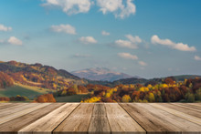 Autumn Mountains Landscape, Blurred. Wooden Table Top Product Display
